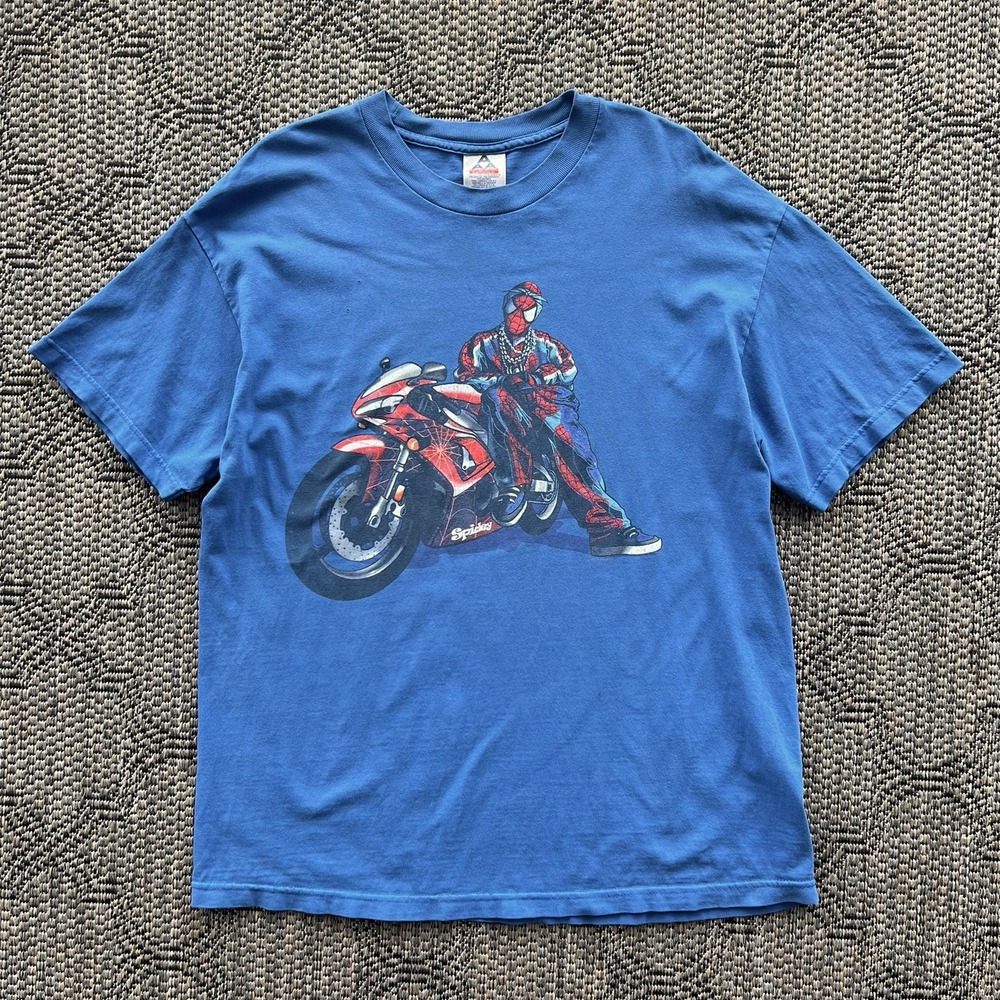 Vintage Spiderman Shirt Men's XL Blue Marvel Gangster Tupac Biker Superhero Y2K